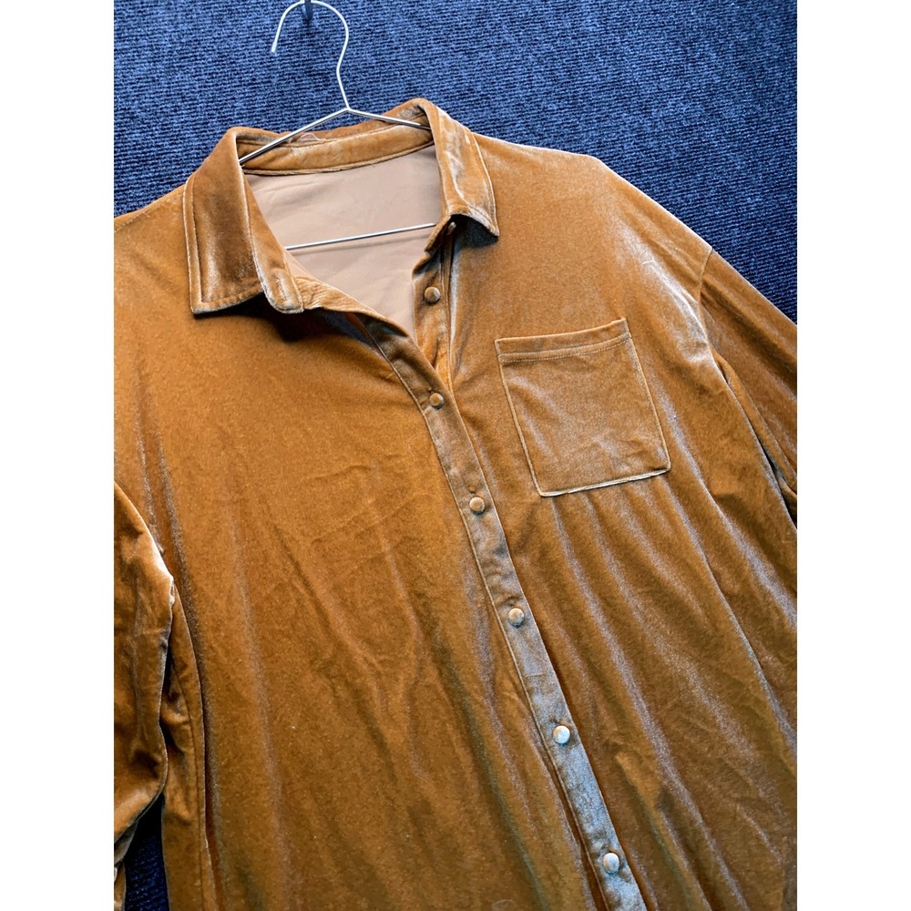 Velvet Button Down Oversized Shirt Dress Women M Gold Tunic Grunge Cozy Layering